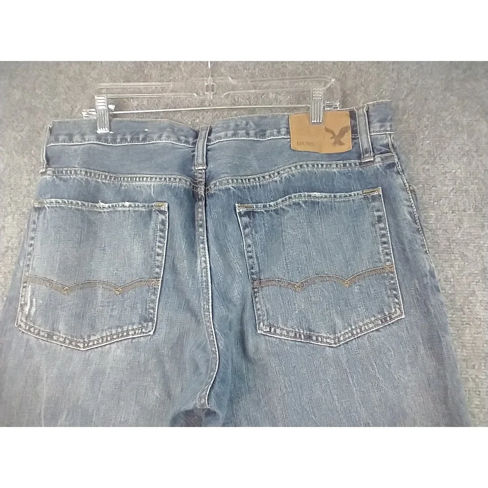 American Eagle Original Straight Jeans Mens 34x34 Blue Distressed Denim